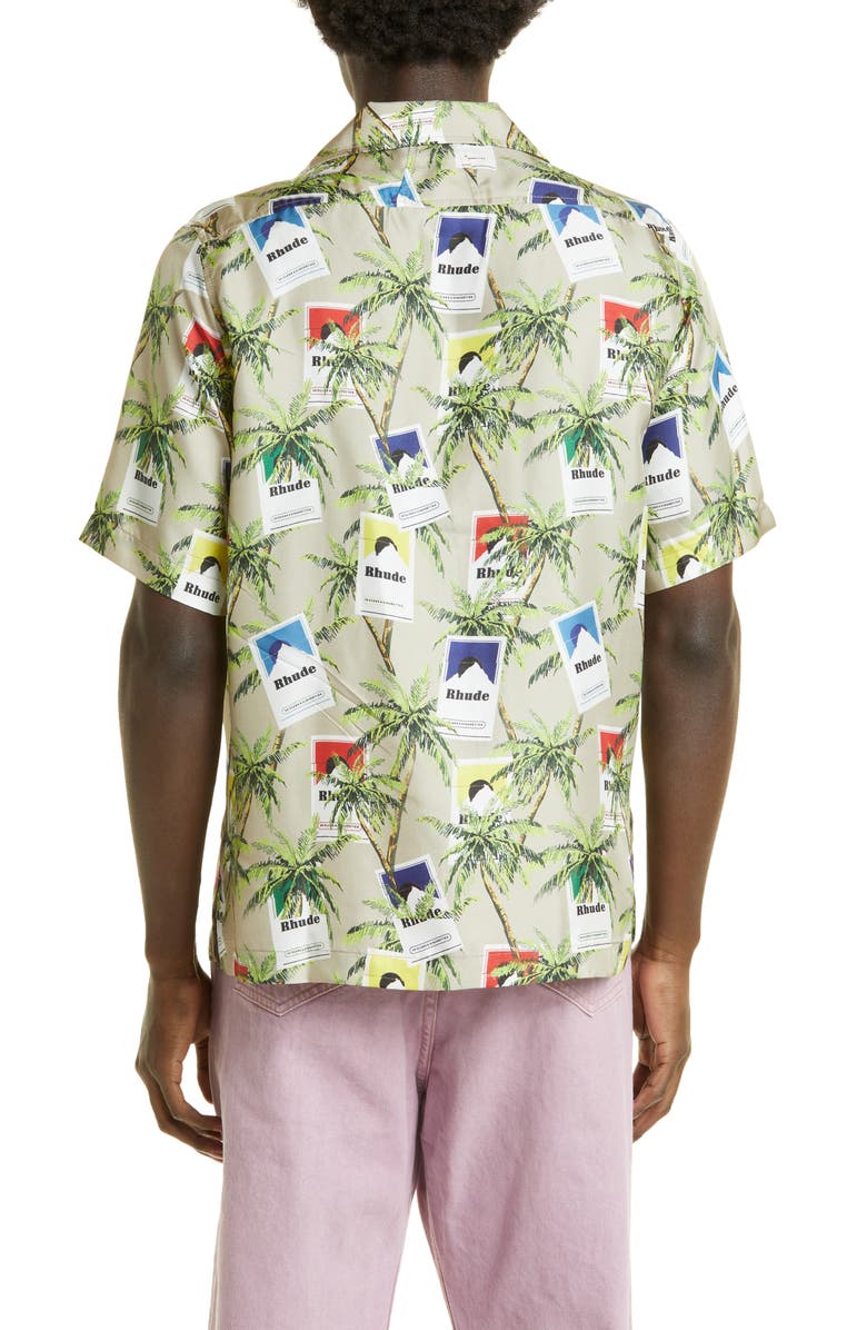 Rhude Palm Tree & Cigarette Print Silk Button-Up Camp Shirt, Alternate, color, 