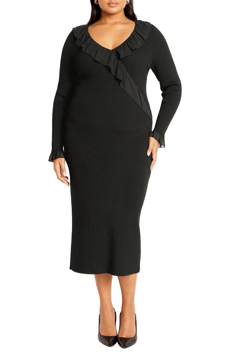 City Chic Auralie Ruffle Long Sleeve Dress, Main, color,