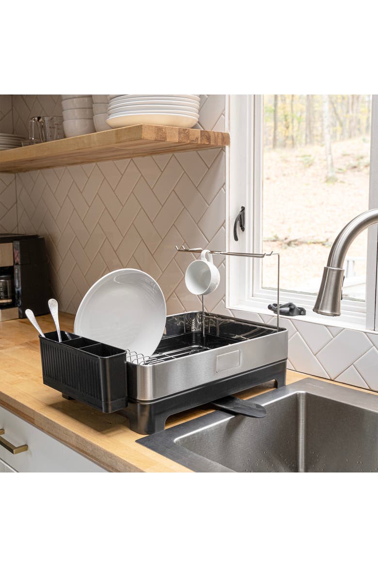 Concerto 20.5" Fingerprint-Proof Stainless Steel Dish Drying Rack with Swivel Spout Tray and Wine Glass Holder, Stainless Steel/Black, Main, color, Silver/Black