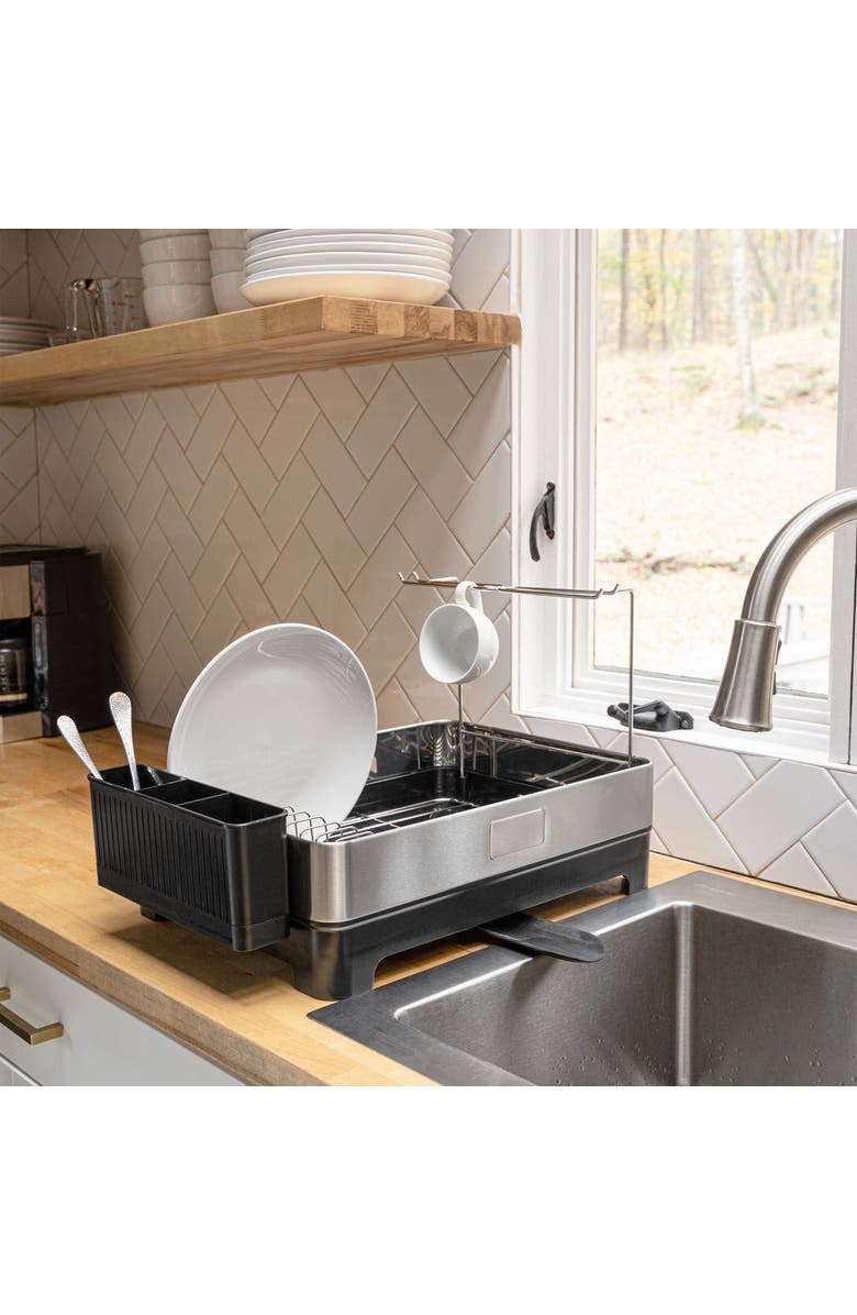 JONATHAN Y Concerto 20.5" Fingerprint-Proof Stainless Steel Dish Drying Rack with Swivel Spout Tray and Wine Glass Holder, Stainless Steel/Black, Main, color,