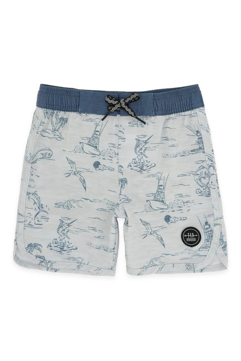 Kids' Scallop Tropical Print Board Shorts, Main, color, CLOUDY SKY