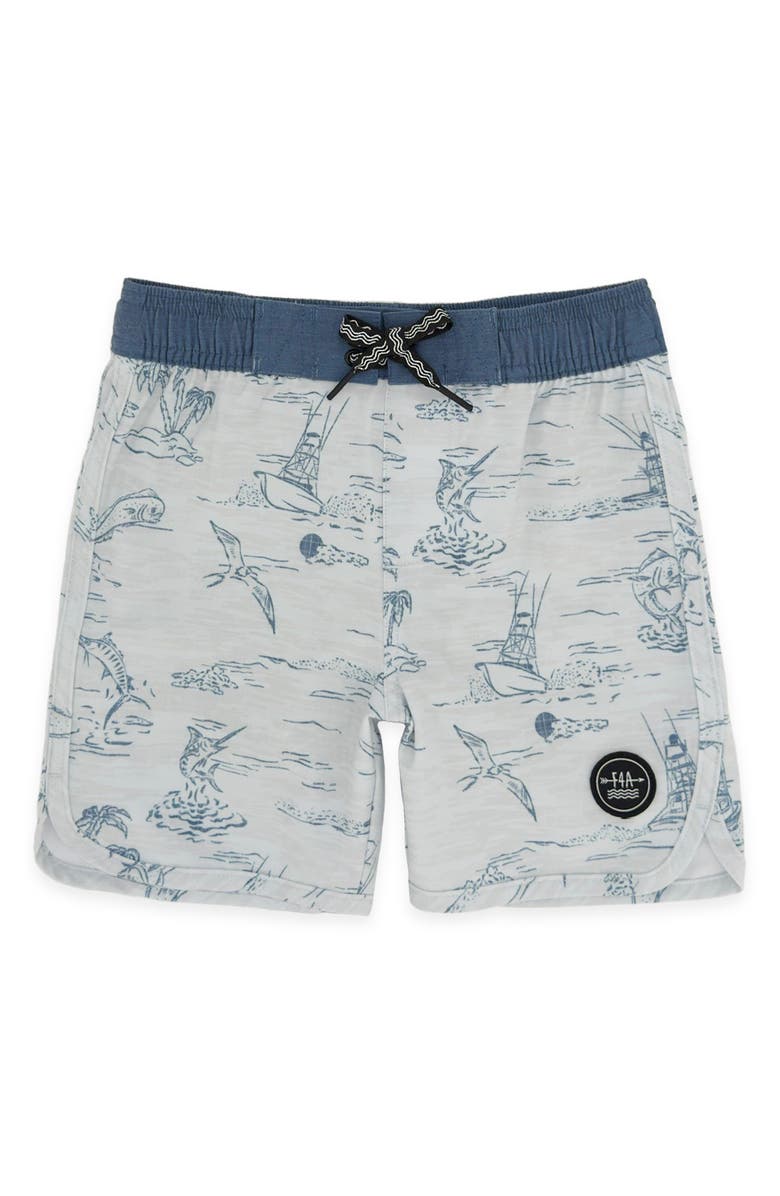 Feather 4 Arrow Kids' Scallop Tropical Print Board Shorts, Main, color, Cloudy Sky