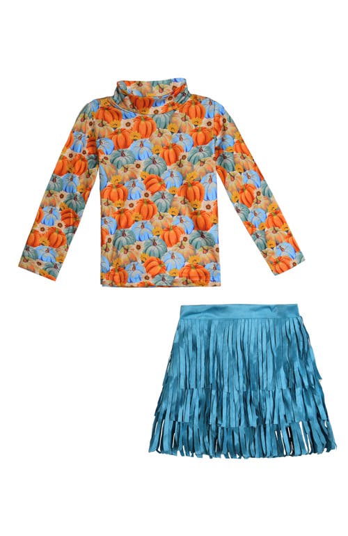 Mia Belle Girls Kids' Pumpkin Patch Turtleneck Top And Fringe Skort Set In Multi