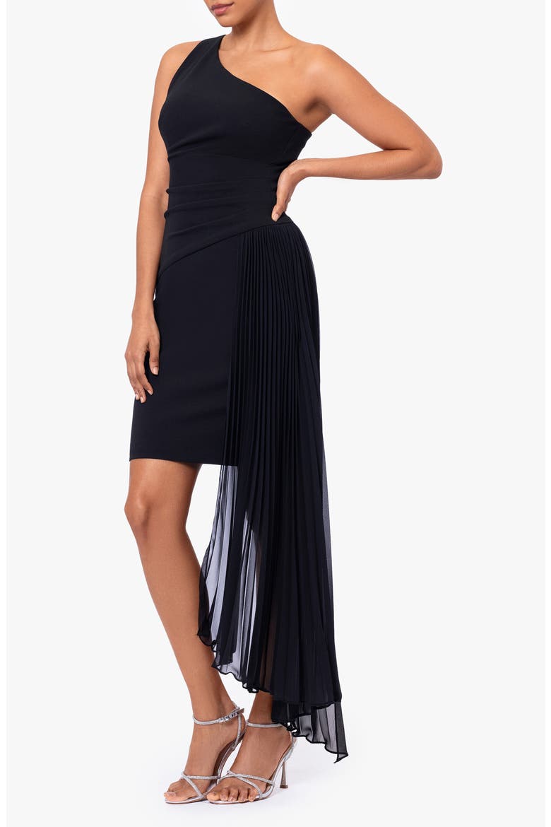 Pleated One-Shoulder Cocktail Dress, Alternate, color, BLACK