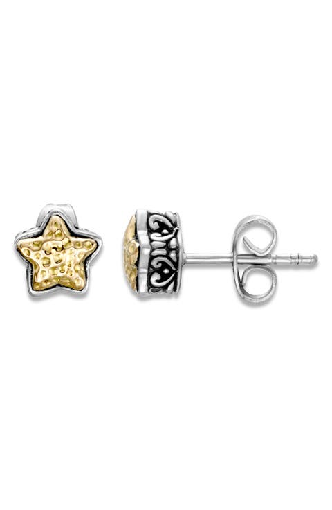 18k Gold & Sterling Silver Hammered Star Stud Earrings