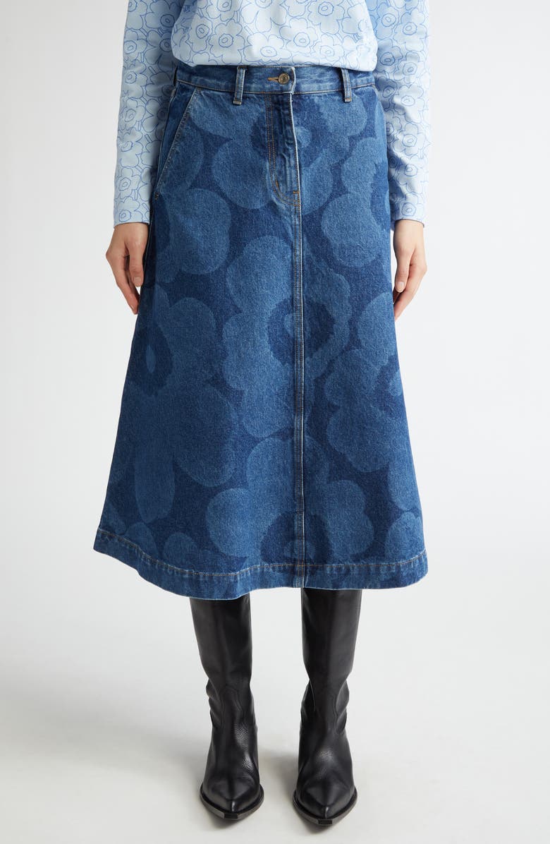 Marimekko Maridenim Suoritus Unikko Floral A-Line Denim Midi Skirt, Main, color,