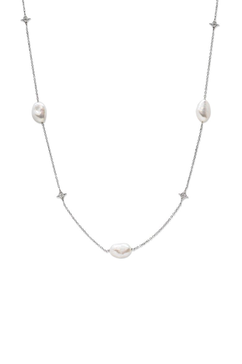 Emilia Gothic Star Cultured Pearl Necklace, Main, color, SILVER