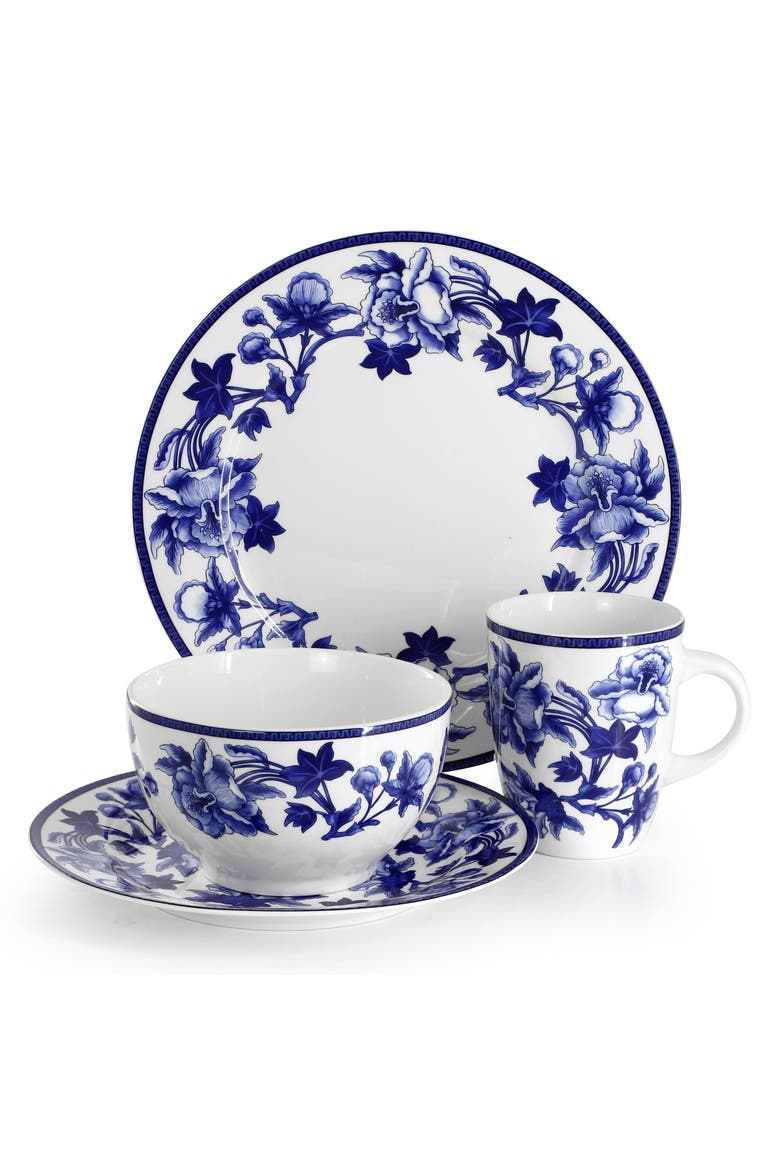 Cattleya Orchid 16 Piece Porcelain Dinnerware Set, Alternate, color, Blue