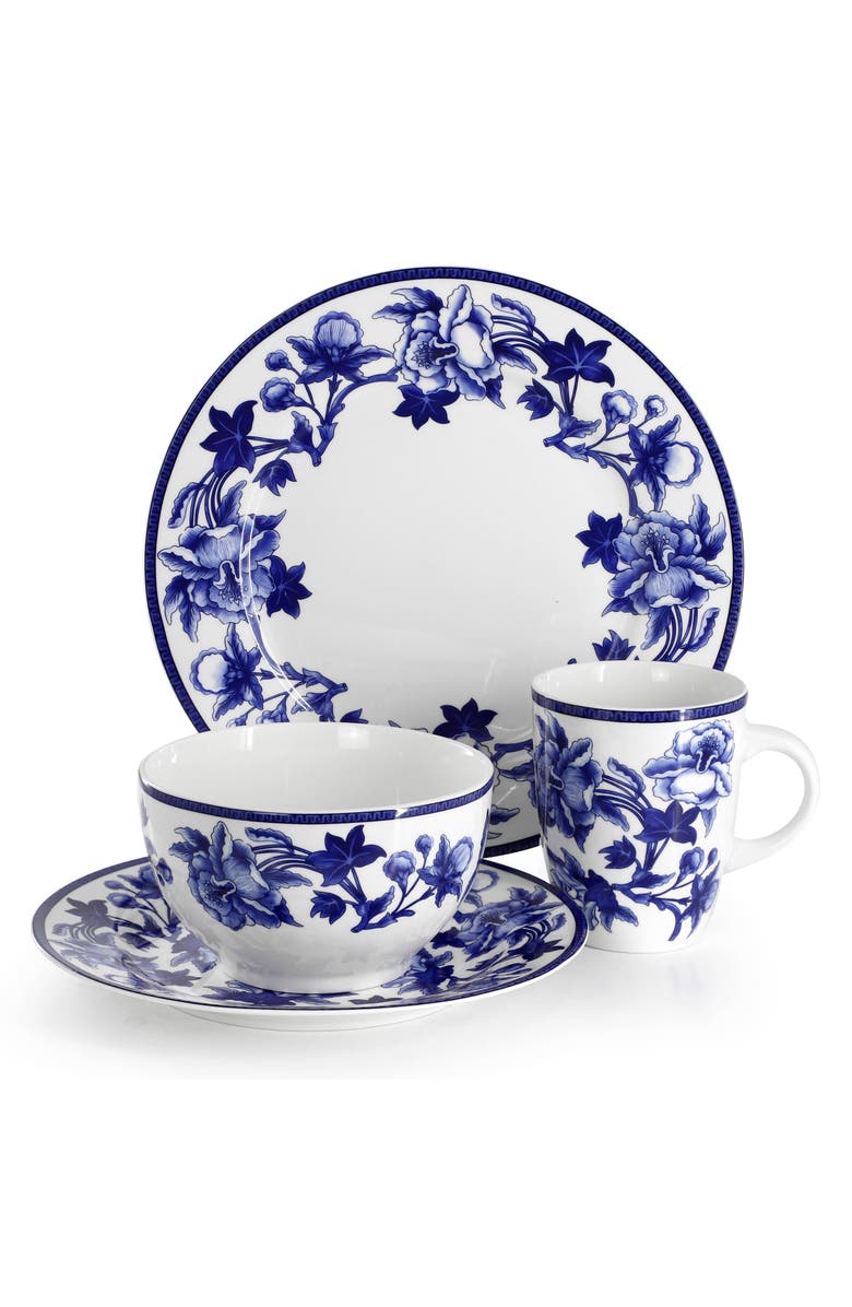 Elama Cattleya Orchid 16 Piece Round Porcelain Dinnerware Set, Alternate, color, Blue