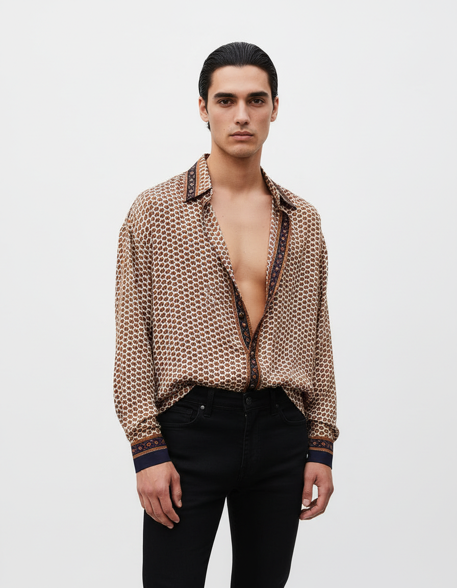 Embossed Botanical Long Sleeve Crepe Shirt - image 2
