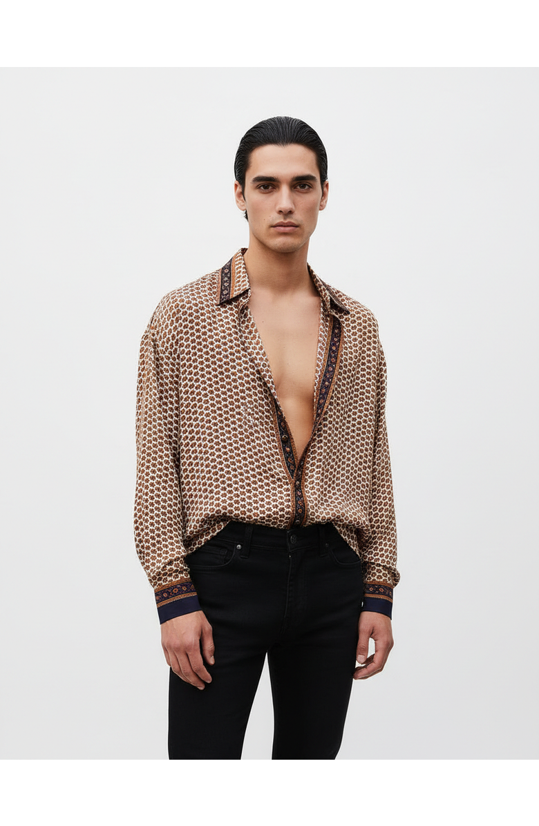 Monzlapur Embossed Botanical Long Sleeve Crepe Shirt, Alternate, color, Copper Blue