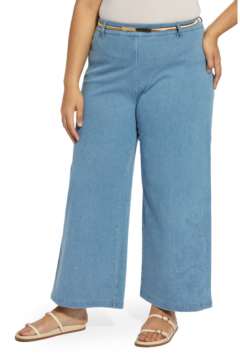 Erin Belted Crystal Embellished Pull-On Wide Leg Jeans, Main, color, BLEACHED BLUE