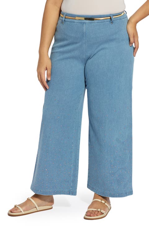 Erin Belted Crystal Embellished Pull-On Wide Leg Jeans (Bleached Blue) (Plus)