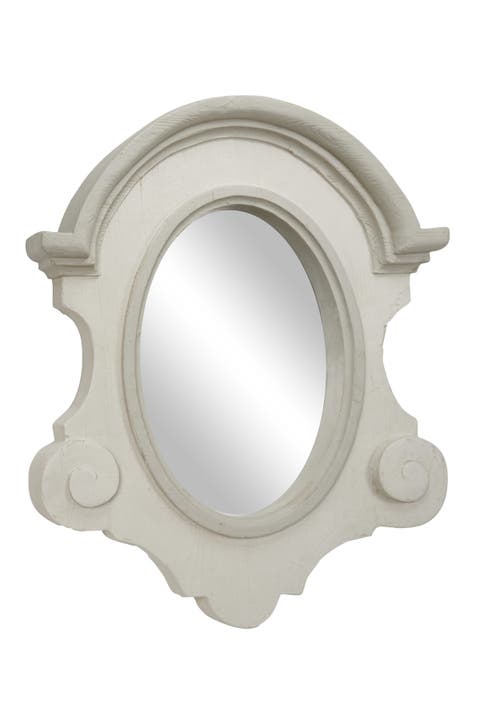 Large White Wood Oval Wall Mirror with Arched Frame & Carved Scrolls