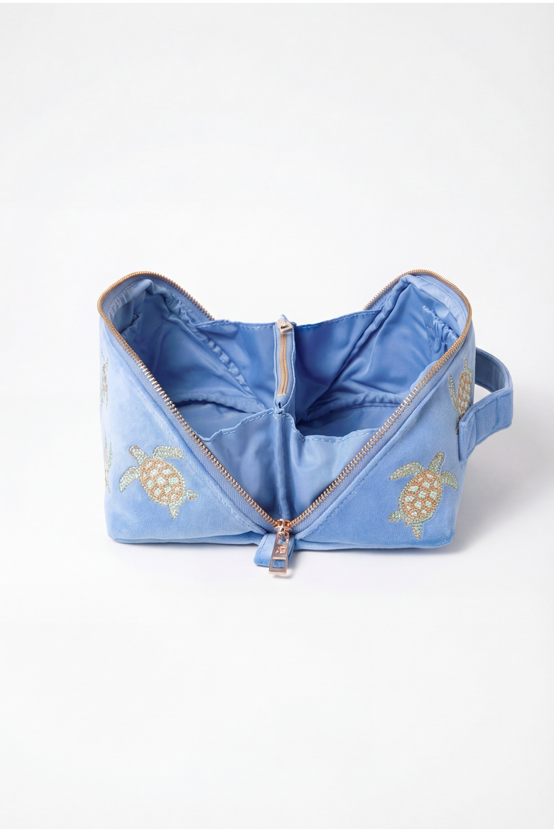 Turtle Conservation Velvet Open Flat Makeup Bag, Alternate, color, Caribbean Blue