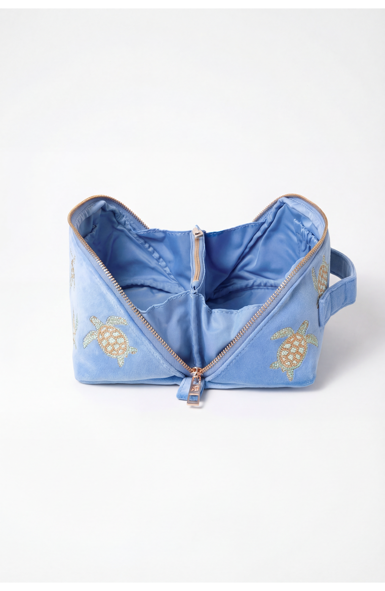 Elizabeth Scarlett Turtle Conservation Velvet Open Flat Makeup Bag, Alternate, color, Caribbean Blue
