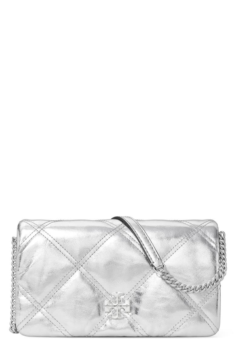 Kira Diamond Quilted Metallic Leather Wallet on a Chain, Main, color, SILVER