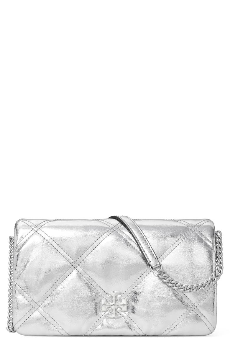 Tory Burch Kira Diamond Quilted Metallic Leather Wallet on a Chain, Main, color, 