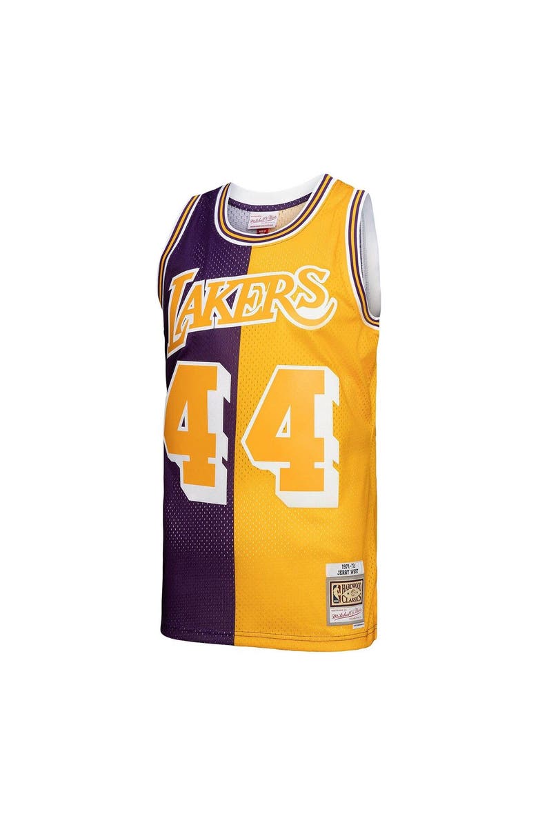 Mitchell & Ness Men's Mitchell & Ness Jerry West Purple/Gold Los Angeles Lakers Hardwood Classics 1971/72 Split Swingman Jersey, Alternate, color,