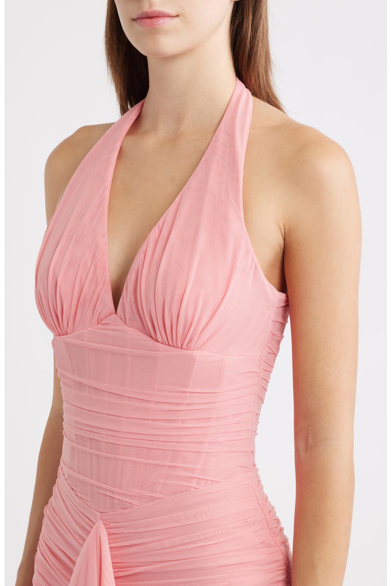 Carmine Mesh Halter Neck Waterfall Gown, Alternate, color, RASPBERRY