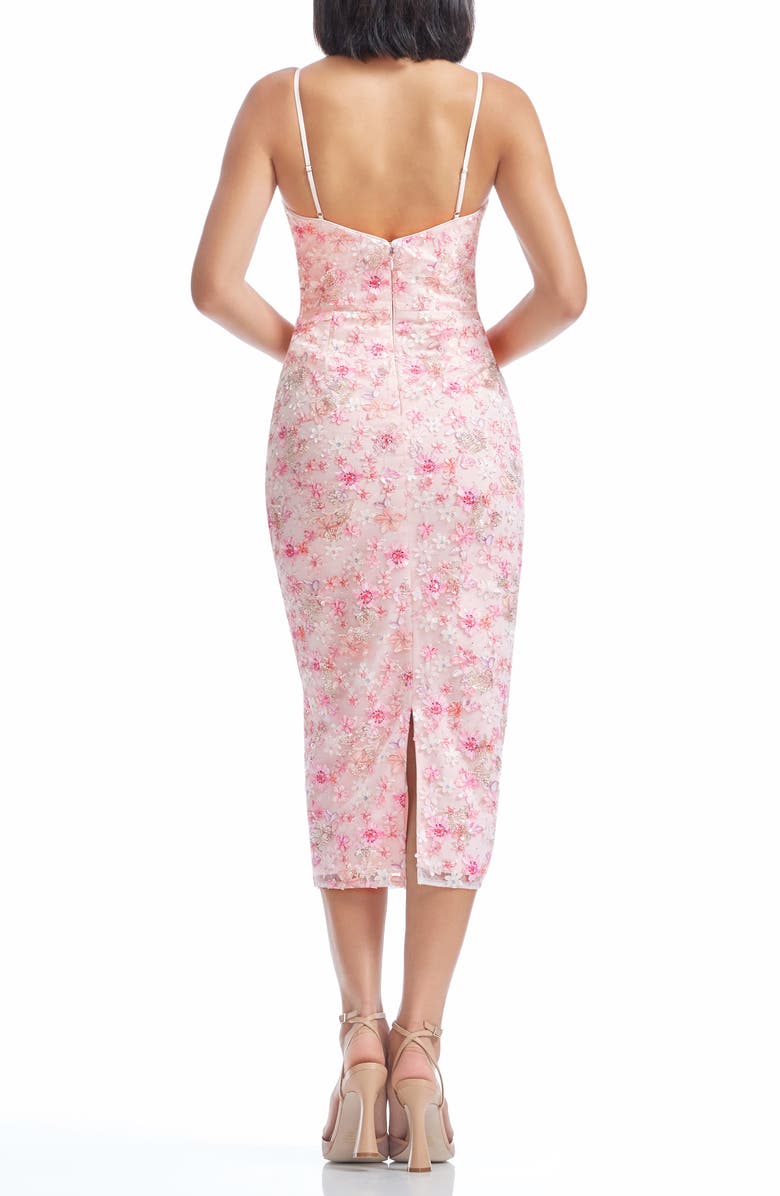 Dress the Population Donna Sequin Floral Appliqué Cocktail Midi Dress, Alternate, color, Soft Pink Multi