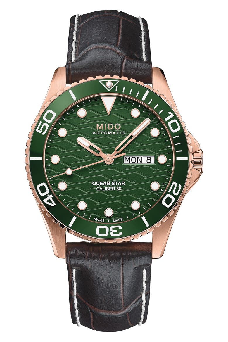 Ocean Star 200C Rose Gold Tone Automatic Leather Strap Watch, 42.5mm, Main, color, GREEN