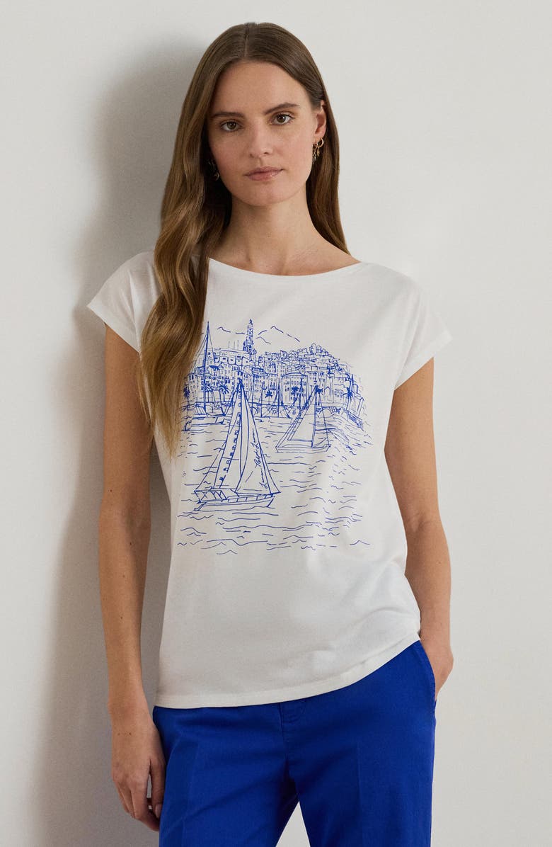 Lauren Ralph Lauren Print Boat Neck Top, Alternate, color, White