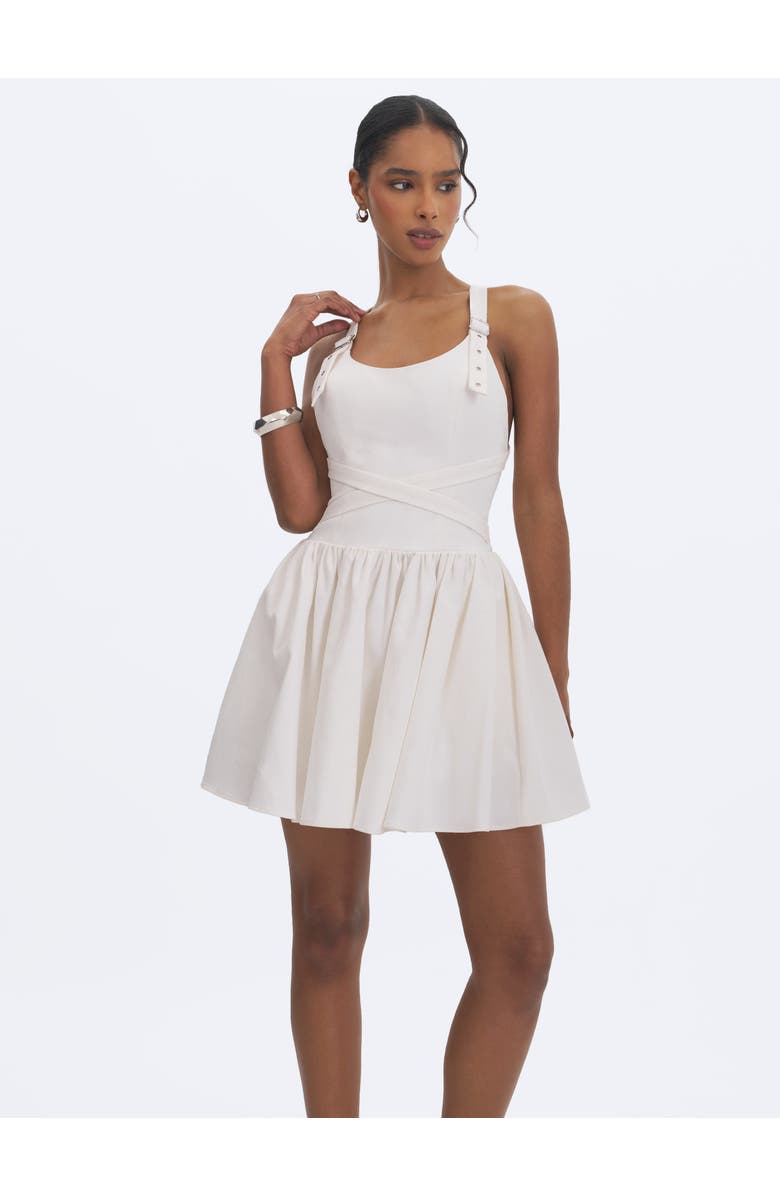 Miss Circle Francine Cotton Denim Crossover Strap Mini Dress, Alternate, color, White