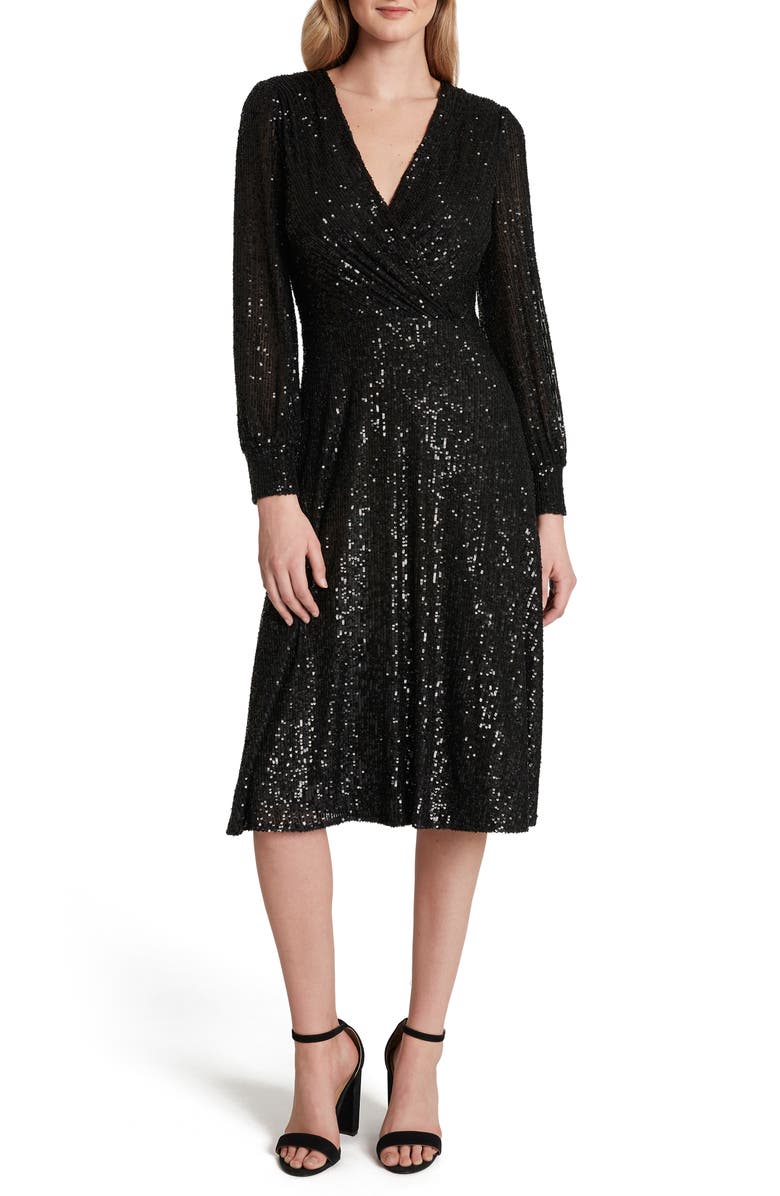 Tahari Long Sleeve Sequin Faux Wrap Dress, Main, color,