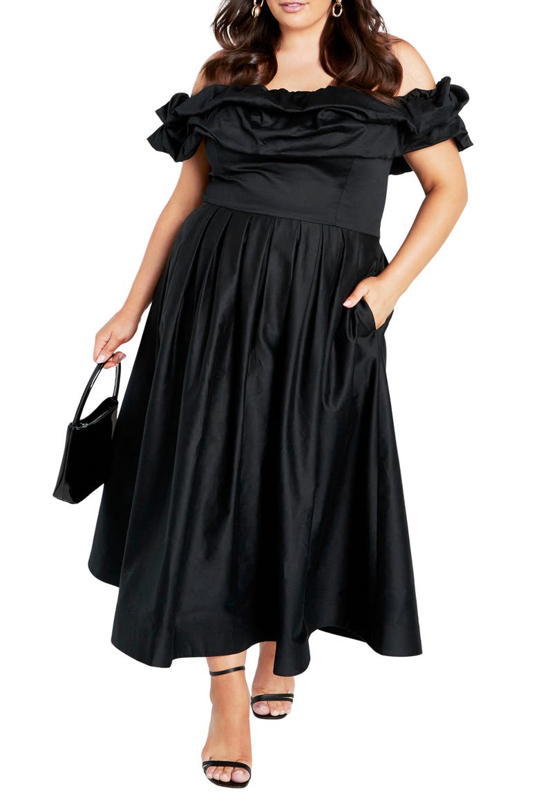 London Off the Shoulder Satin Midi Dress, Main, color, BLACK
