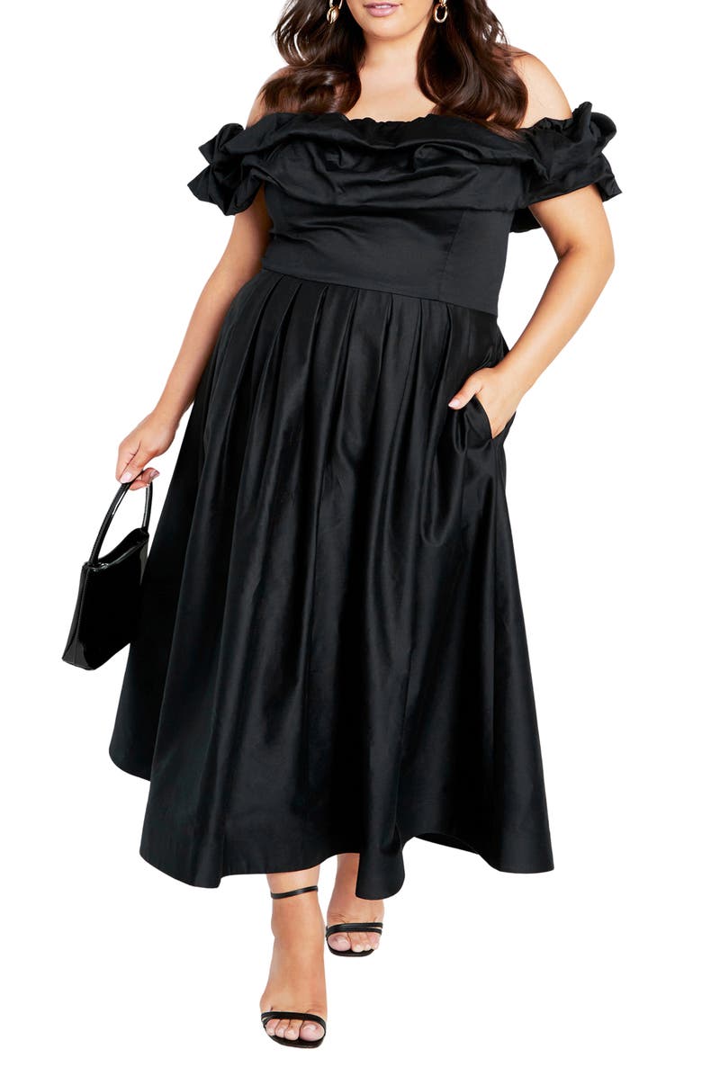City Chic London Off the Shoulder Satin Midi Dress, Main, color, Black