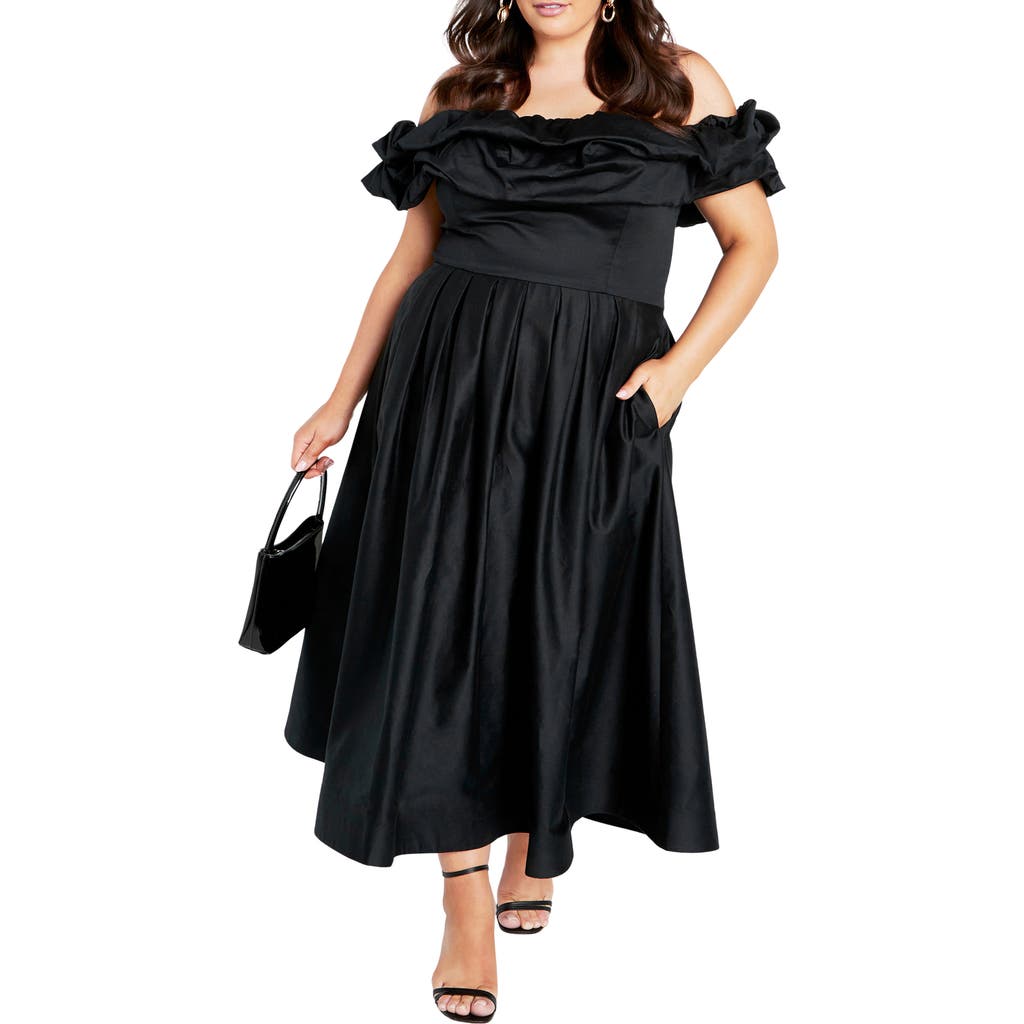 City Chic London Off The Shoulder Satin Midi Dress In Black