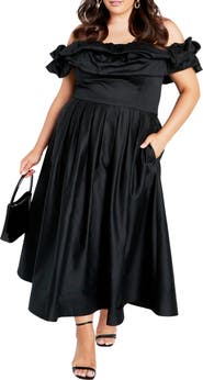 City Chic London Off the Shoulder Satin Midi Dress