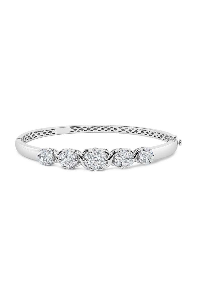 14K White Gold 2 1/2 Cttw Diamond Graduating Floral Cluster Bangle Bracelet, Main, color, White