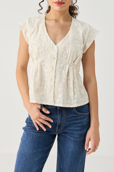 Embroidered Deep V-Neck Cotton Top