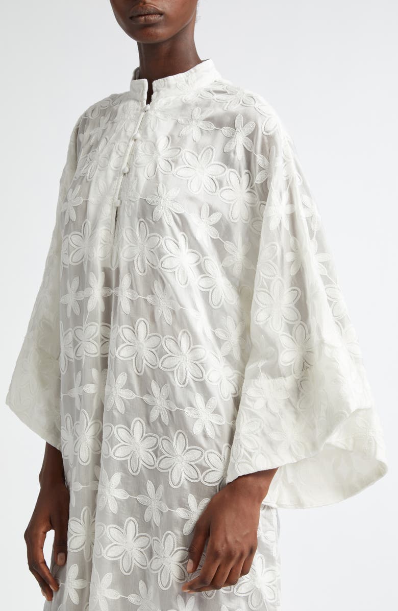 La Vie Style House Floral Embroidered Sheer Cover-Up Caftan, Alternate, color, White