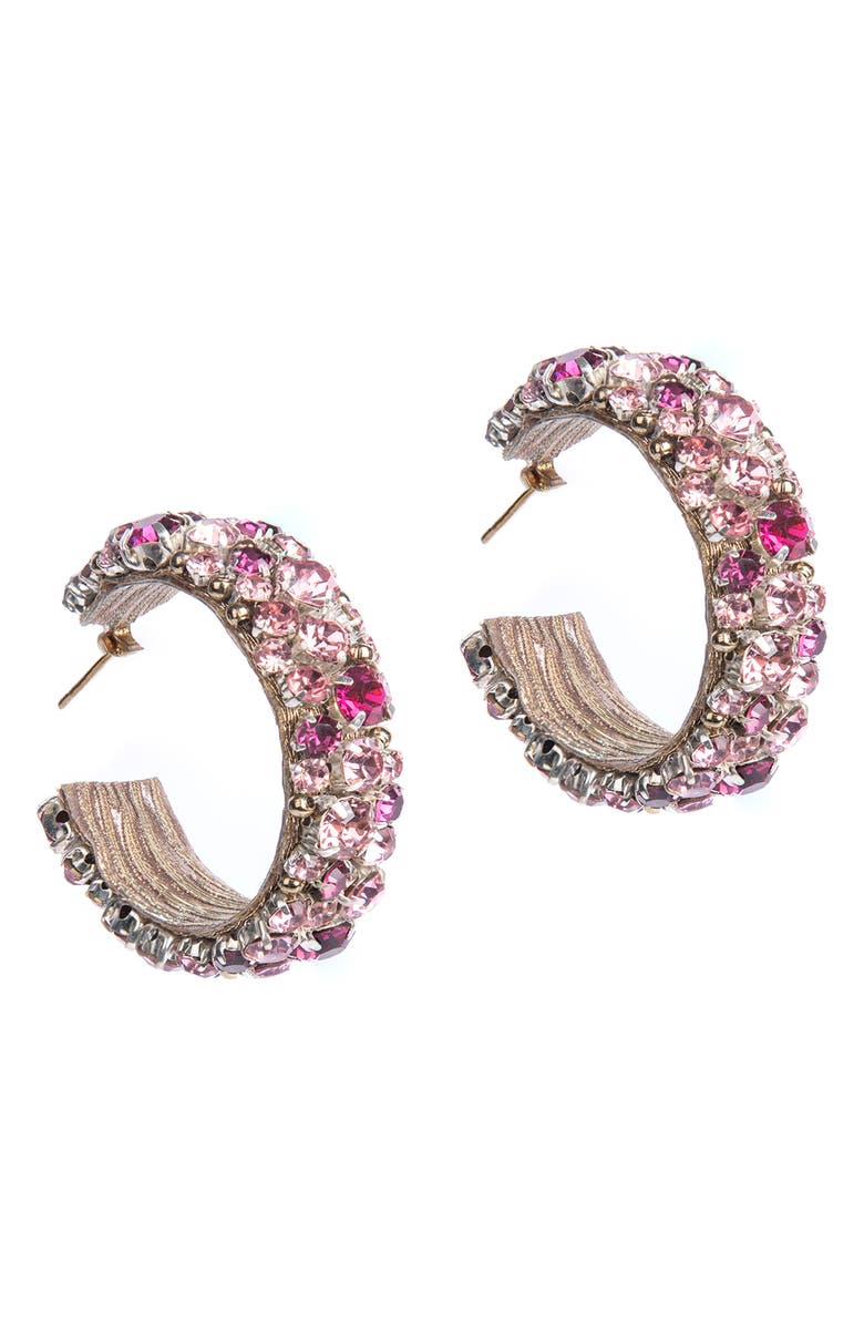 Deepa Gurnani Adelpha Crystal Hoop Earrings, Main, color, Fuchsia