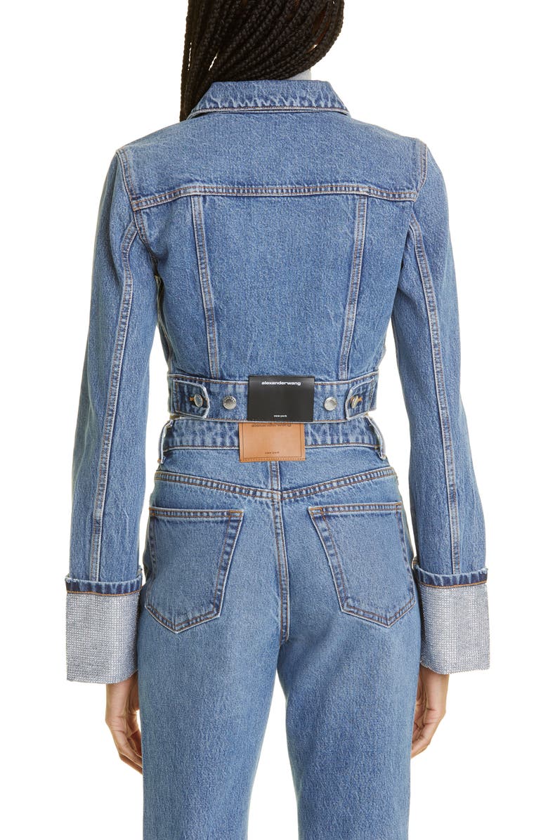 Alexander Wang Shrunken Crystal Cuff Denim Trucker Jacket | Nordstrom