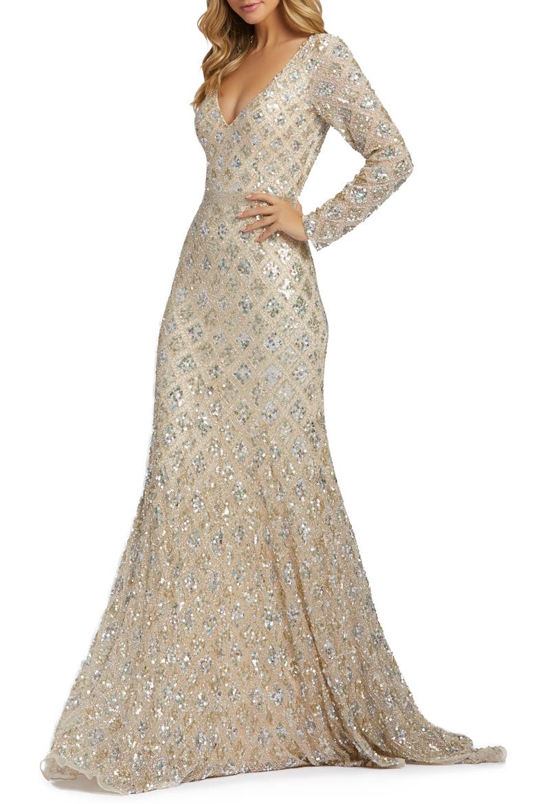 Geometric Embellished Evening Gown, Main, color, NUDE ROSE