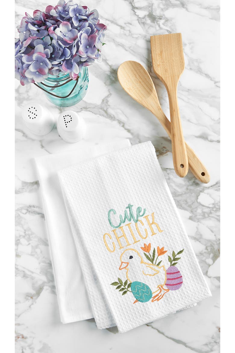"Cute Chick" Easter Spring Embroidered Cotton Waffle Weave Kitchen Dishtowel, Alternate, color, White