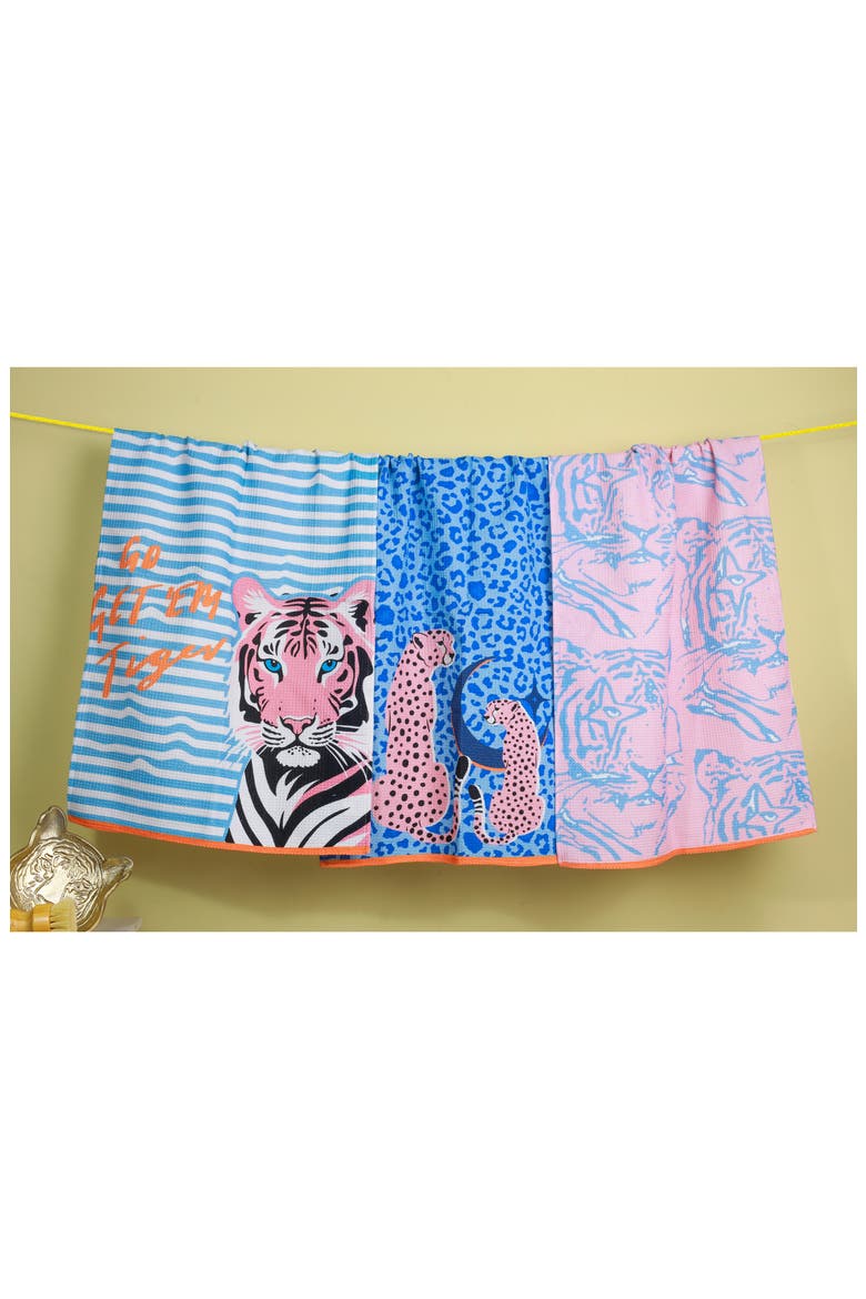 Go Get 'Em Tiger Set of 3 Kitchen Towels, Alternate, color, BRIGHT BLUE/ HOT PINK