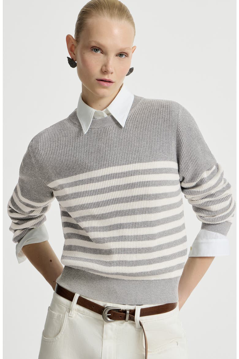 Sparkling cotton striped English rib sweater with monili, Alternate, color, Silver