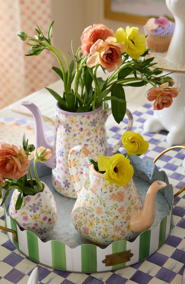 MACKENZIE CHILDS Posie Patch Set of 2 Ceramic Teapot Vases, Alternate, color, Purple Multi