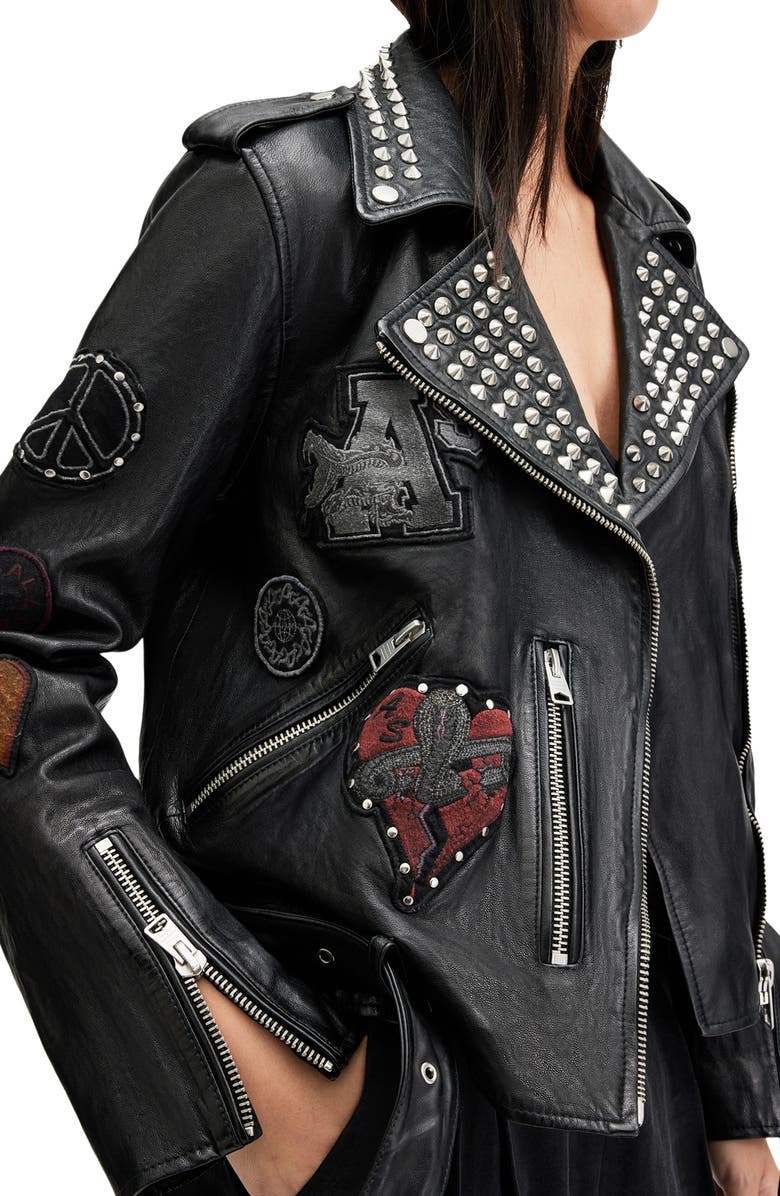 AllSaints College Stud Detail Leather Biker Jacket, Alternate, color, Black