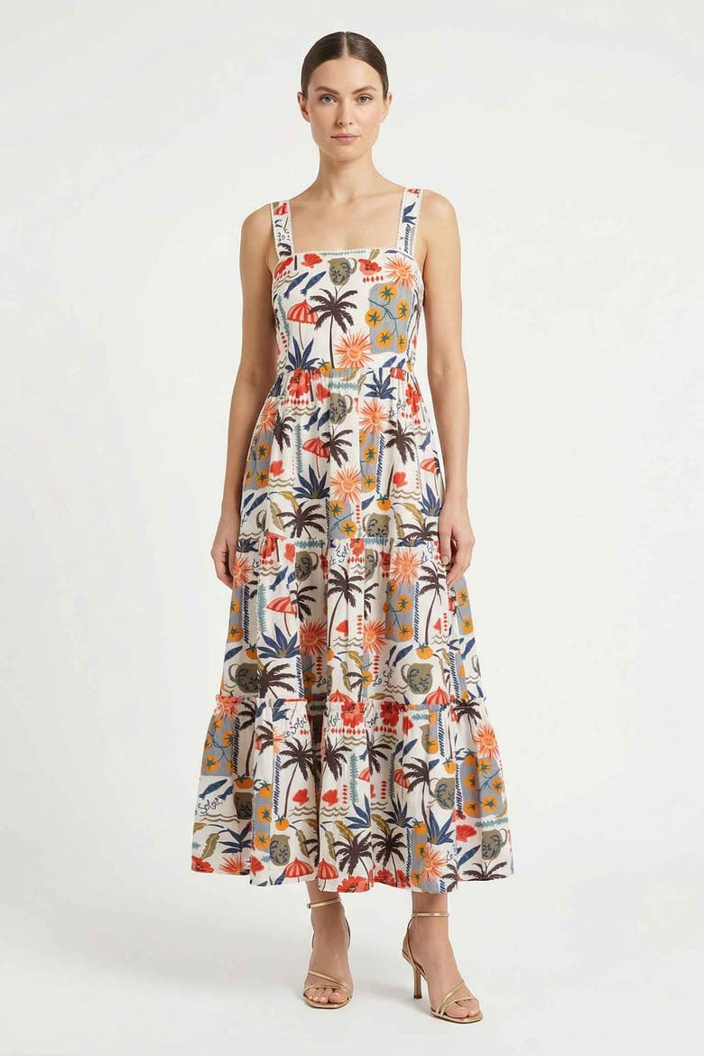 Lizzie Printed Tiered Midi Dress, Alternate, color, Riviera
