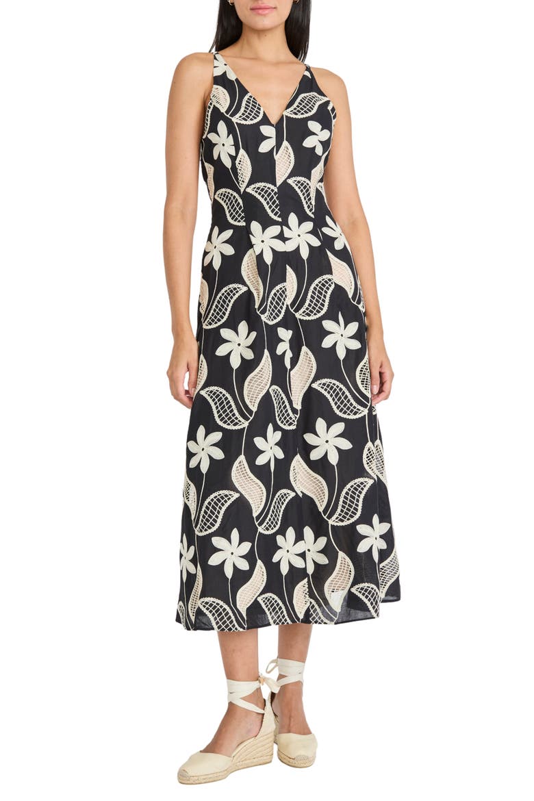 Embroidered Sleeveless Cotton Midi Dress, Main, color, BLACK/ CREAM
