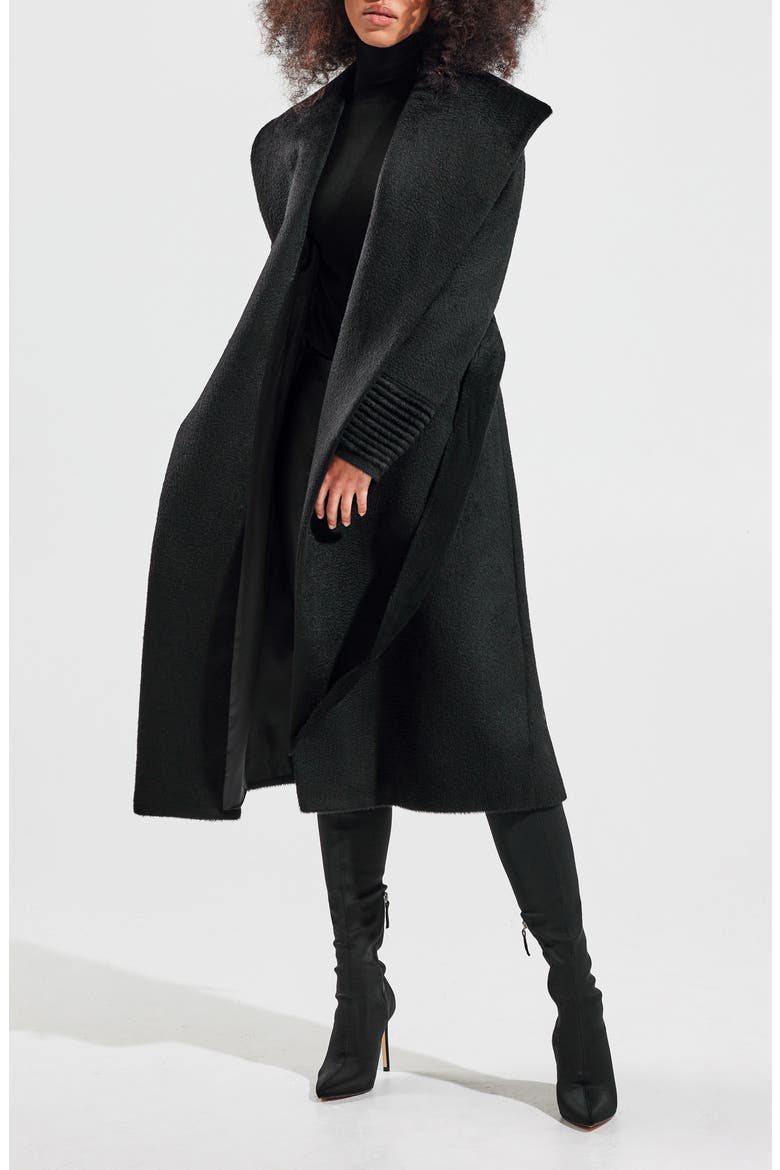 Shawl Collar Alpaca & Wool Longline Wrap Coat, Alternate, color, BLACK