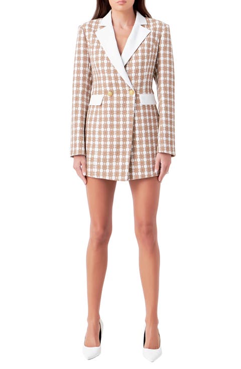 Houndstooth Double Breasted Long Sleeve Blazer Romper