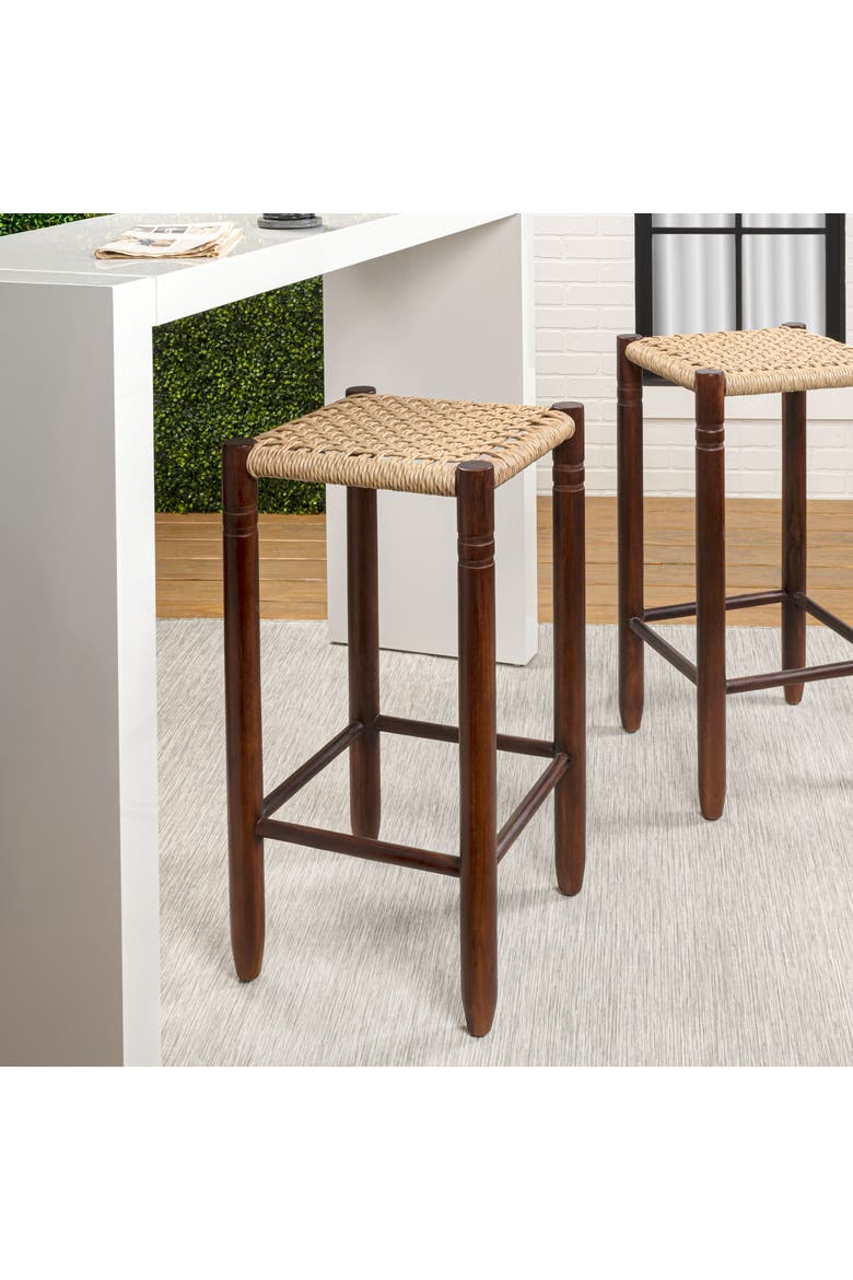 Columnar Bohemian Indoor/Outdoor Wood Backless Counter Stool, Woven Synthetic Rattan Seat for Patio Kitchen Island, Dark and, Alternate, color, Dark Brown -29.5"