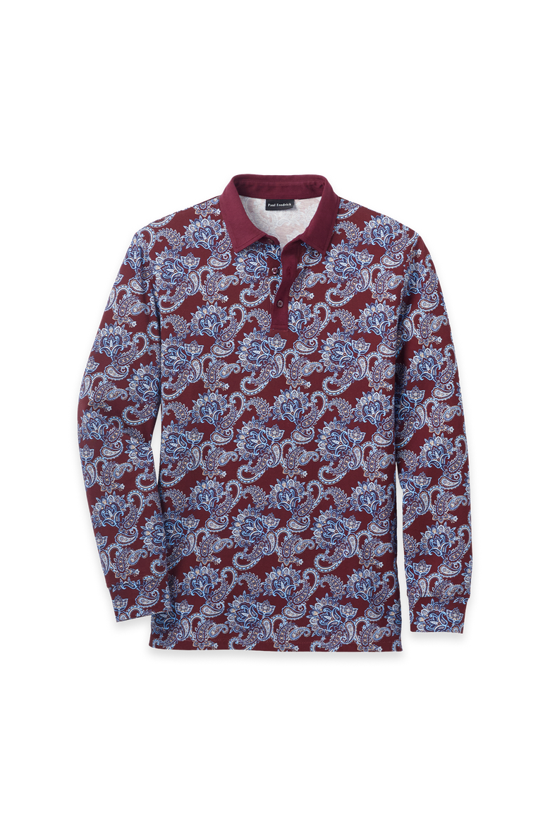 Long Sleeve Cotton Jersey 3-Button Polo With Patterned Trim, Main, color, Burgundy Multi